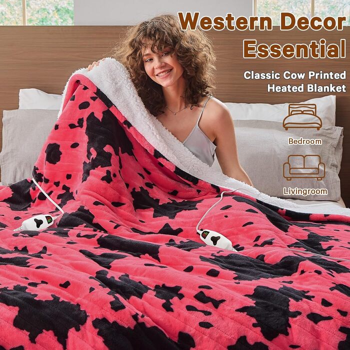 Електрична гріюча ковдра з принтом корови, повний розмір, 183 x 213 см, фіолетова, 10 режимів нагріву, автовимкнення через 8 годин, декор з гірської породи худоби, фліс, шерпа, тепла