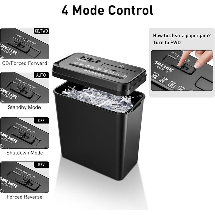 Шредер SINCHEREU для офісу та дому, 6 листів, P4, 11л кошик, знищення картки/CD, захист від перегріву