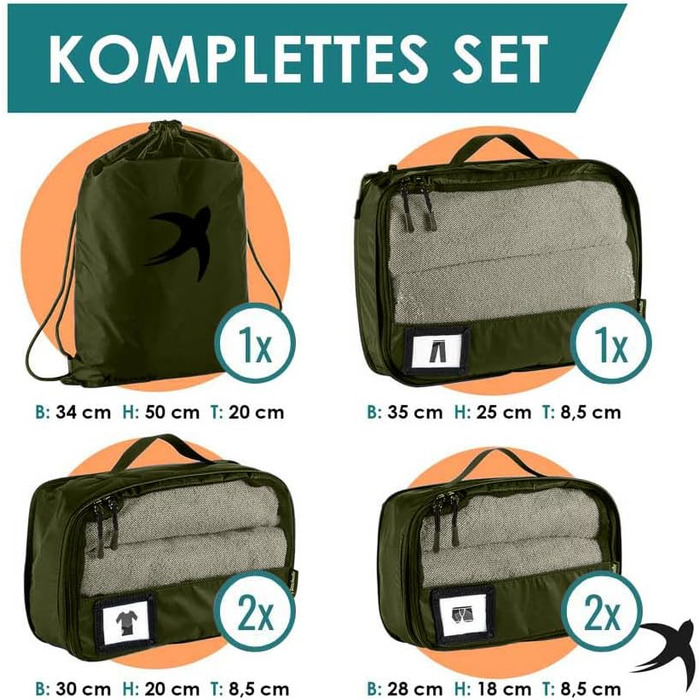 Набір компресійних органайзерів для одягу в сумку та валізу, 6 предметів, оливковий