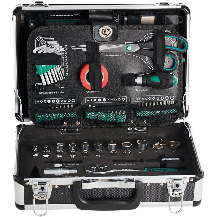 Набір інструментів Brüder Mannesmann 90 предметів в алюмінієвому кейсі M29067: плоскогубці, викрутки, тріскачка, тестер напруги