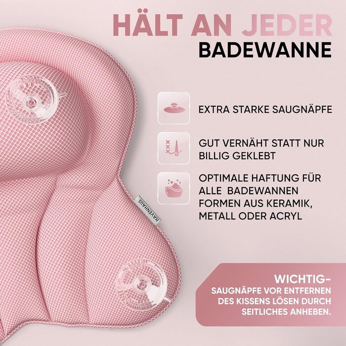 Преміум подушка для ванни XXL рожева | Додаткові подушки для шиї та плечей | Швидковисихаюча, пральна подушка для ванни з 4 великими присосками | Подушка для ванни рожева XX-Large