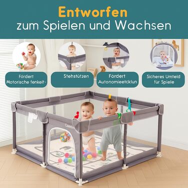 Дитячий манеж-ігровий центр з матрацом, басейн з кульками (50 кульок у комплекті) та 4 ручками для тримання. Розмір 124x124 см, дихаюча сітка, матеріал 210D Oxford, колір темно-сірий.