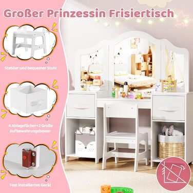 Дитячий туалетний столик MAMIZO 2 в 1 з дзеркалом та пуфом, рожево-білий, 108x30x114 см