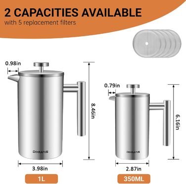 Френч-прес Dixmas для кави, нержавіюча сталь, 350 мл (2 чашки), термоізольований, двостінний