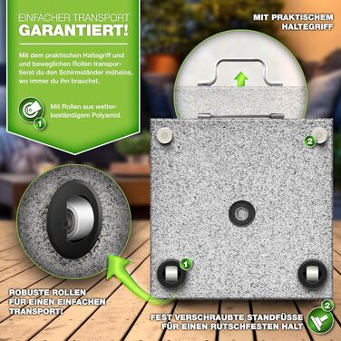 Підставка для парасольки Tillvex® Granit з роликами та ручкою для транспортування, 27 кг, кутова | Підставка для парасольки з нержавіючою сталею | Підставка для парасольки на балкон, сумісна з держателями 16-48 мм та парасольками діаметром 250 см, кутова,