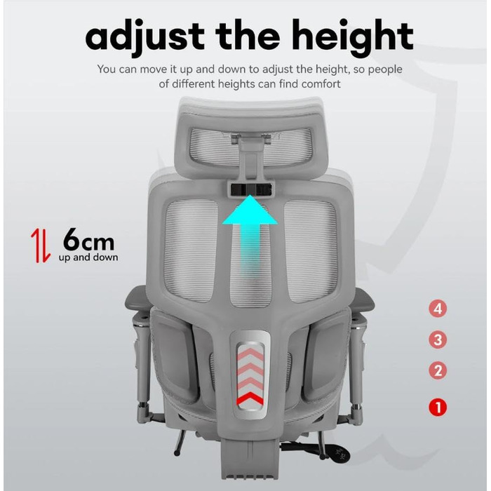 Крісло офісне MUSSO H80 Pro з ергономічною спинкою з сітки, підтримкою попереку, регульованими підлокітниками та підставкою для ніг (світло-сірий)