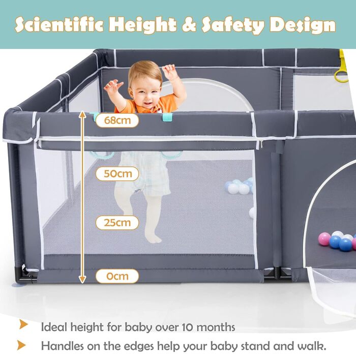 Дитячий манеж LIFEZEAL складний 206 x 185 см, манеж з 50 ігровими м'ячами та 4 ручками, дитячий центр активності Playpen, Оксфордський темно-сірий бар'єр