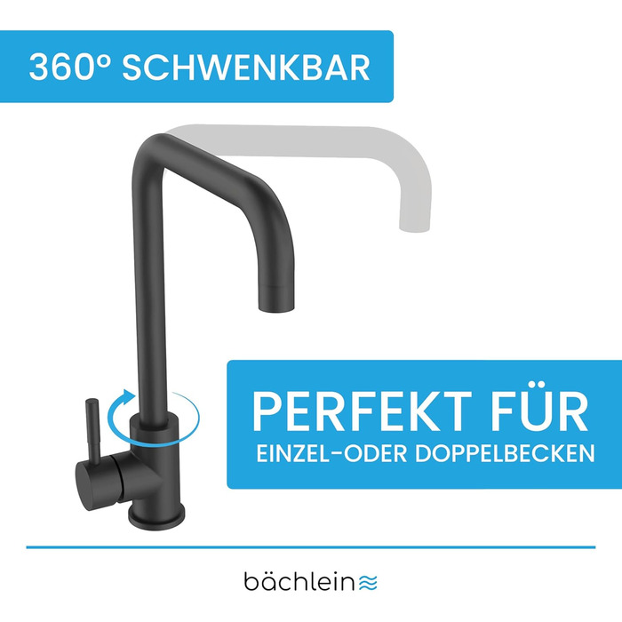 Змішувач для кухні Bchlein Plivo, нержавіюча сталь, поворотний на 360, одноважільний, суцільний, прямокутний, чорний матовий