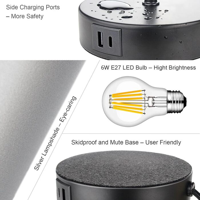 Набір Wondlumi з 2 сенсорних приліжкових світильників з USB, E27, в т.ч. LED (чорний)