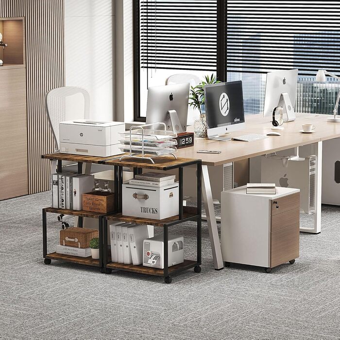 CAIYUN Стіл для принтера, стійка для принтера з фіксуючими колесами, візок для принтера на коліщатках з 3 рівнями, дерев'яно-металева конструкція, міцний і простий у збиранні, 30 x 44 x 65 см, (Коричневий)