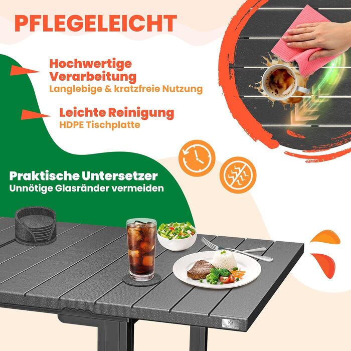 Розсувний садовий стіл KESSER® 180/240x90 см для 8 осіб, з розширенням, сталеве покриття, стільниця HDPE, вологостійкий, UV-стійкий, в комплекті 6 підставок