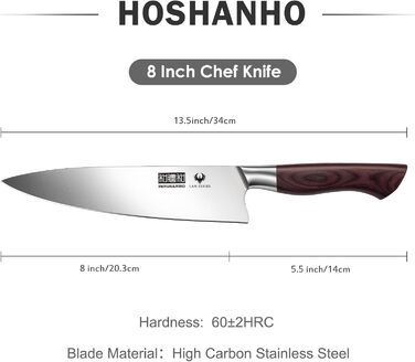 HOSHANHO 20см кухонний ніж для приготування їжі, професійний японський ніж шеф-кухаря з ергономічною ручкою, з вуглецевої нержавіючої сталі