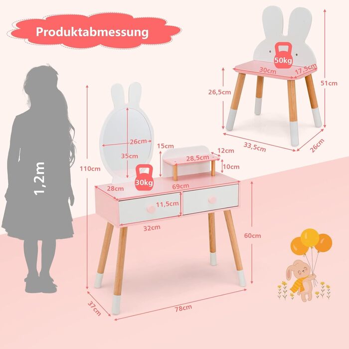 Набір дитячих туалетних столиків COSTWAY, дизайн кролика, 2-в-1, дзеркало, 2 ящики, дерев'яні ніжки (білі)