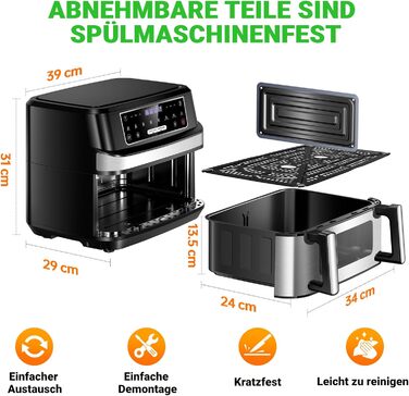 Фритюрниця повітряна XXL з двома камерами | 12л, 8-в-1, регулювання температури, сенсорний екран, до 200°C, для смаження без олії (срібна)