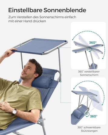 Лежак для відпочинку SONGMICS, розкладний, 193 x 53 x 29 см, до 150 кг, з підголовником, регульована спинка, для саду, басейну, тераси (Блакитний)