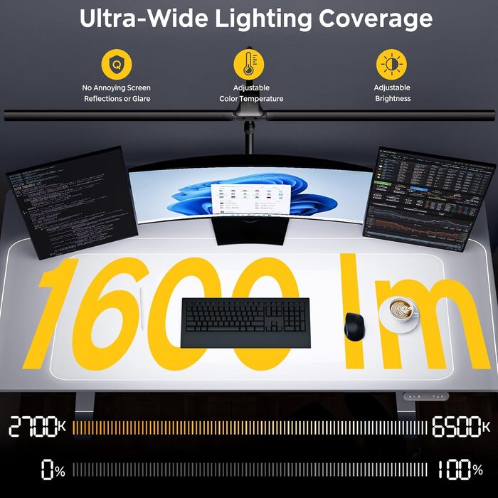 LED лампа настільна EYOCEAN 24W, 80см з жестами, диммування, захист очей для офісу, читання, архітекторів, дизайнерів (чорна)