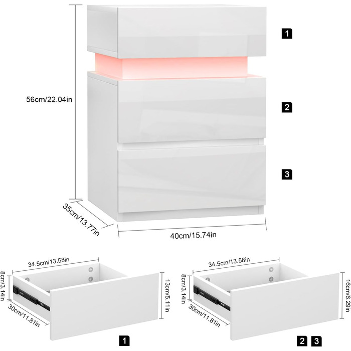 Набір з 2 тумбочок білий глянцевий зі світлодіодом, 3 шухляди, 16 кольорів, 35x40x55см/40x35x55см