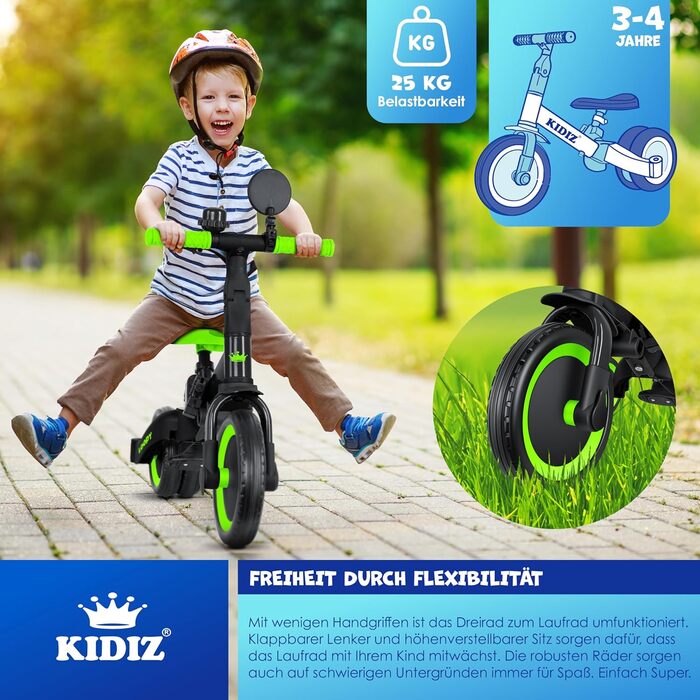 Біговел-триколіс KIDIZ 6-в-1 для дітей від 1 до 5 років (до 25 кг), чорний: з ручкою, захисним бампером, ременем безпеки, дзвінком та дзеркалом