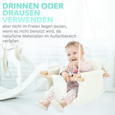 Дерев'яна гойдалка для малюків Cateam - ідеальна для дому та саду. З безпечним ремінцем, від 12 місяців. Елегантно-кремовий колір.