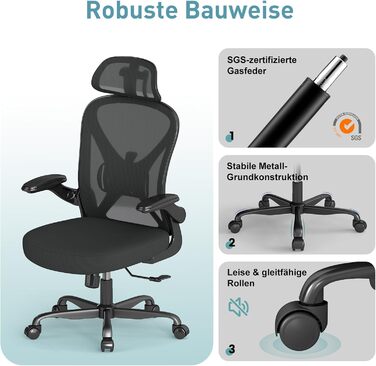 Ергономічне крісло для офісу ZZH, сітчасте крісло з регульованою поперековою підтримкою та підйомними підлокітниками, дихаючий комп'ютерний стілець для дому з обертанням на 360° та регулюванням висоти (Чорний – з підголівником)