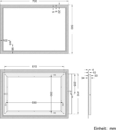 Дзеркало для ванної кімнати SONNI з підсвічуванням 80x60 см, 3 кольори світла, проти запотівання, LED, сенсорне керування, годинник, температура, 3x збільшення