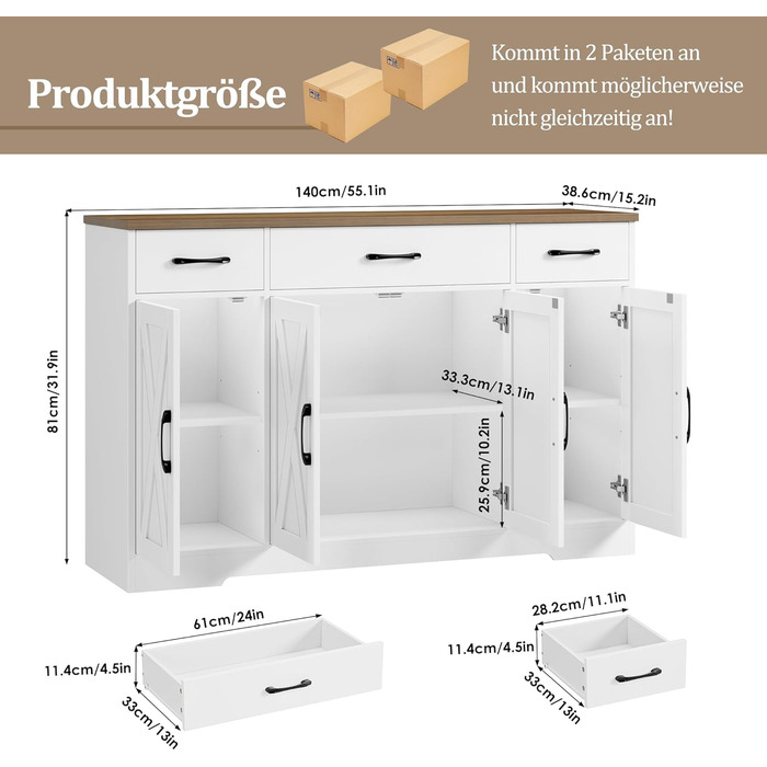 Сервант HOCSOK 140 см: кухонна шафа з 2 регульованими полицями, буфет з 3 висувними ящиками та 4 дверцятами, для вітальні, кухні, передпокою, білий & коричневий