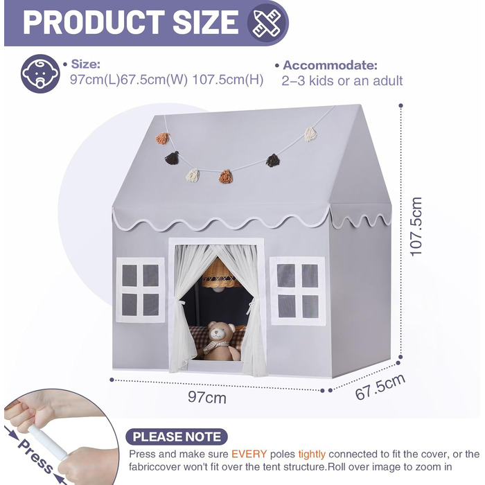 Дитячий намет Wilwolfer з килимком для малюків: Принцесин будиночок з бахромою для дівчаток та хлопчиків - Великий намет для гри в приміщенні та на вулиці (Мишачий сірий)