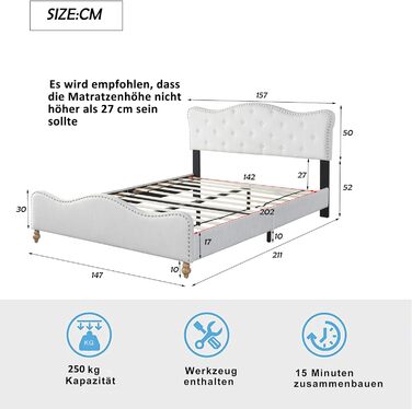 Ліжко з м'якою оббивкою Merax 140 х 200 см молодіжне ліжко односпальне ліжко з узголів'ям, узніжжям і рейковим каркасомм'яке молодіжне ліжко гостьове ліжко