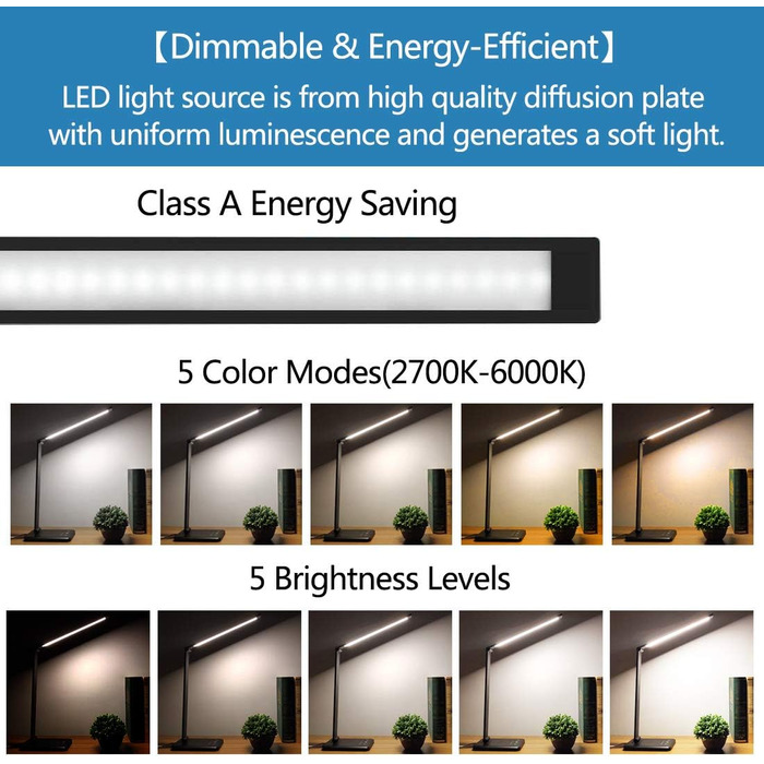 Багатофункціональна світлодіодна настільна лампа, з регулюванням яскравості, складана, 5 режимів і рівнів яскравості, таймер і порт USB