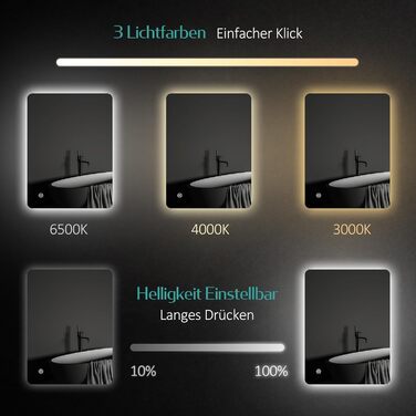 Дзеркало для ванної кімнати EMKE з підсвічуванням 40x60 см, антизапар, 2 кольори світла (тепле/холодне), вимикач-клавіша, IP44, енергозберігаюче, захищене від вибуху