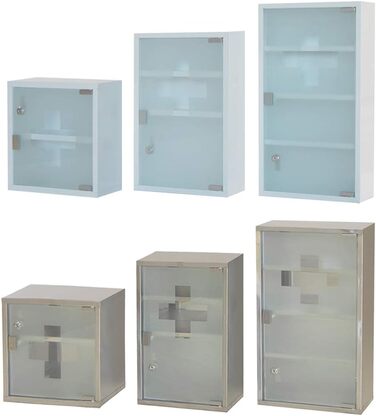 Шкафчик для ліків Style Home з замком, 60x30x12 см, 4 відділення, металевий, з дверцятами зі скла, включаючи 2 ключі (білий)