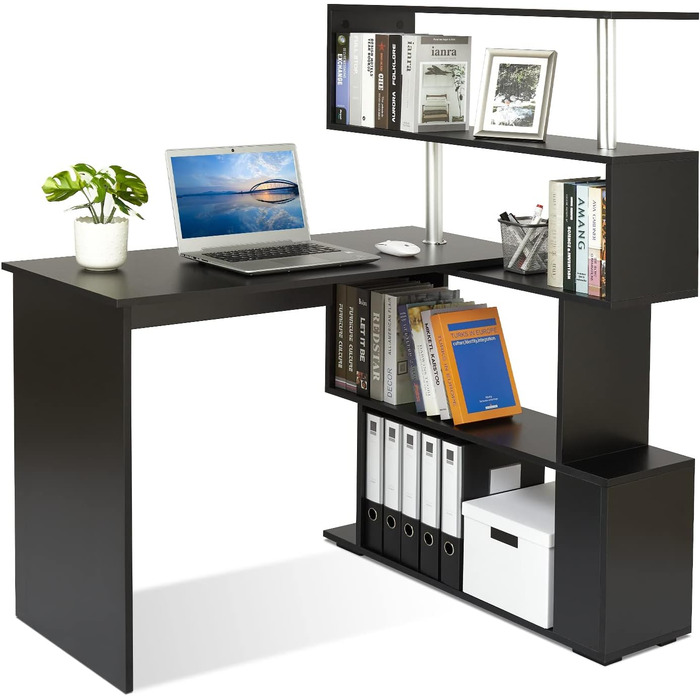 Комп'ютерний стіл Meerveil L-подібний з книжковою полицею, 157x45x130.5 см, чорний