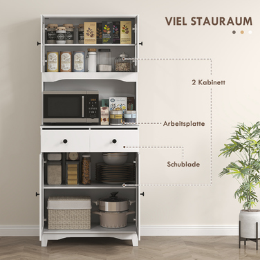 Вільно стояча кухонна шафа з робочою поверхнею для мікрохвильової печі, кавоварки, полиць та скляних дверей, білого кольору