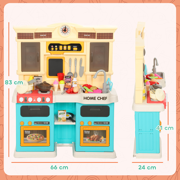 Дитяча кухня з проточною водою, 85 предметів аксесуарів, електричний кран, світлові та звукові ефекти, для дітей віком 3-6 років, пластик, зелений