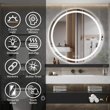 Дзеркало для ванної кімнати з підсвічуванням, 60 см, кругле, з антизапарюючим покриттям, регульоване, 3 кольори світла (80x80 см)