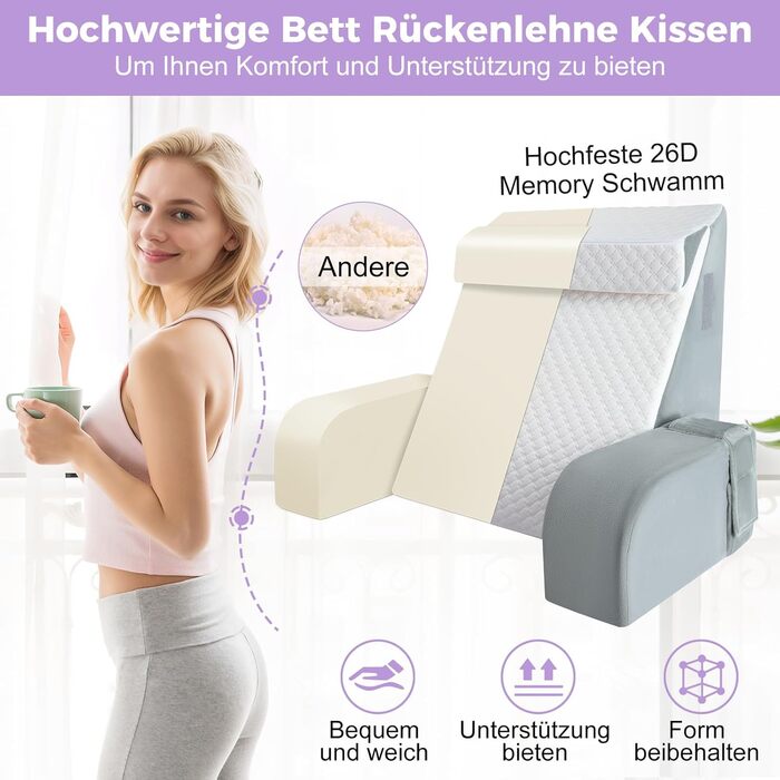 Велике подушко-крісло для читання Babenest з підлокітником, високоеластична піна, ергономічна підтримка спини, подушка для шиї та підголівник, подушка для рефлюксу для сну, ігор, перегляду телевізора для ліжка та дивану, білий та сірий