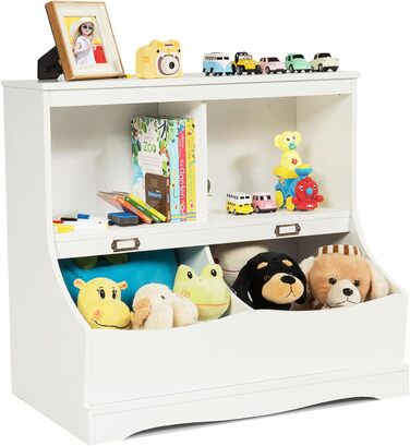 Дитяча полиця з 2 відділеннями та 2 ящиками для зберігання, дерев'яна полиця для іграшок, стелаж для іграшок та книг, книжкова шафа, 67 x 40 x 62 см (білий)