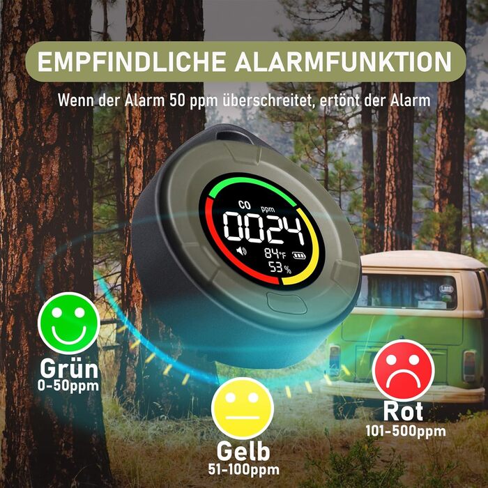 Портативний детектор CO для подорожей: міні-пристрій для виявлення CO, 120 годин роботи в режимі очікування, для кемпінгу, дому та вулиці
