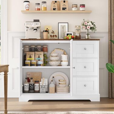 HOCSOK Комод-буфет з 3 шухлядами та 2 дверцятами, білий та коричневий, для кухні, вітальні, їдальні