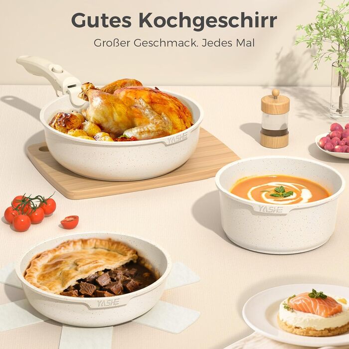 Набір посуду YASHE 9 предметів: каструлі та сковорідки з антипригарним покриттям, білий, для всіх плит, знімний ручка, сумісний з духовкою, компактний, сталевий