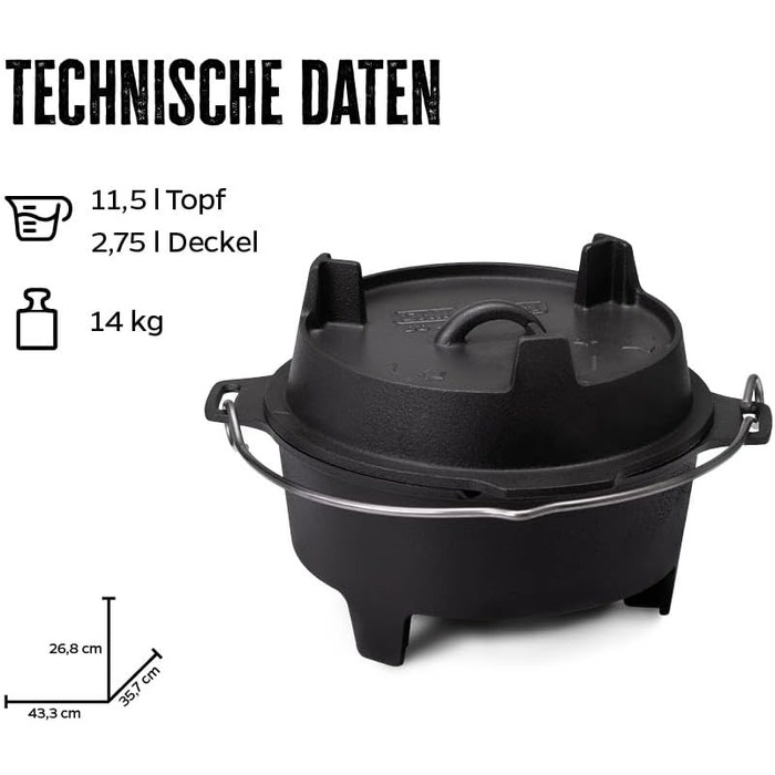 Набір голландської печі Grillfürst Dutch Oven BBQ DO 9 (9 л) з кришкою 35 см, підставкою, очищувачем та пастою для догляду + 2 шт. голландська піч Grillfürst DO 12 XXL