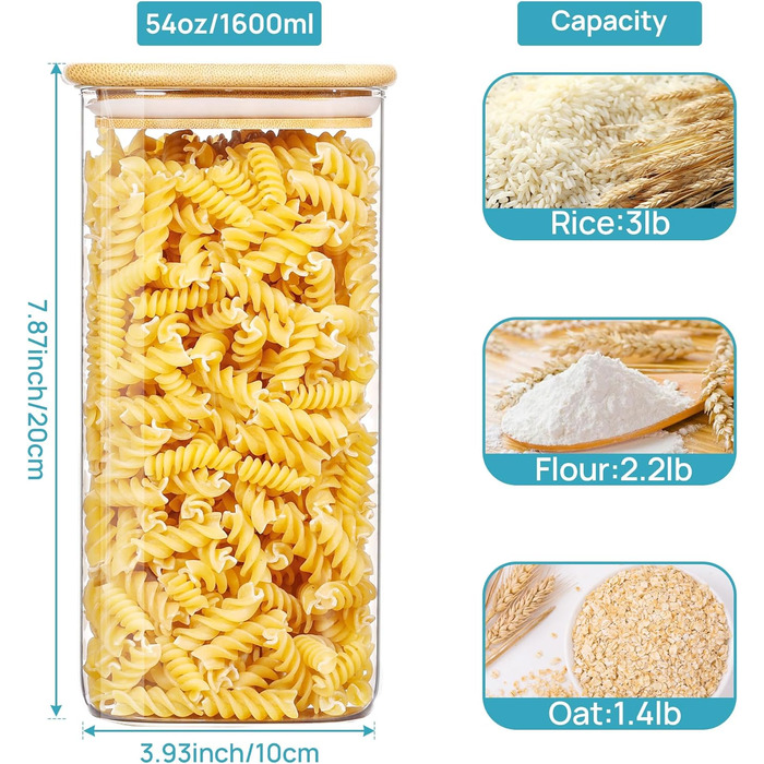 Набір із 7 банок для зберігання з кришками, банки для зберігання з кришками, банки для зберігання з дерев'яними кришками для зберігання спагетті (квадрат-3 упаковки по 54 унції)
