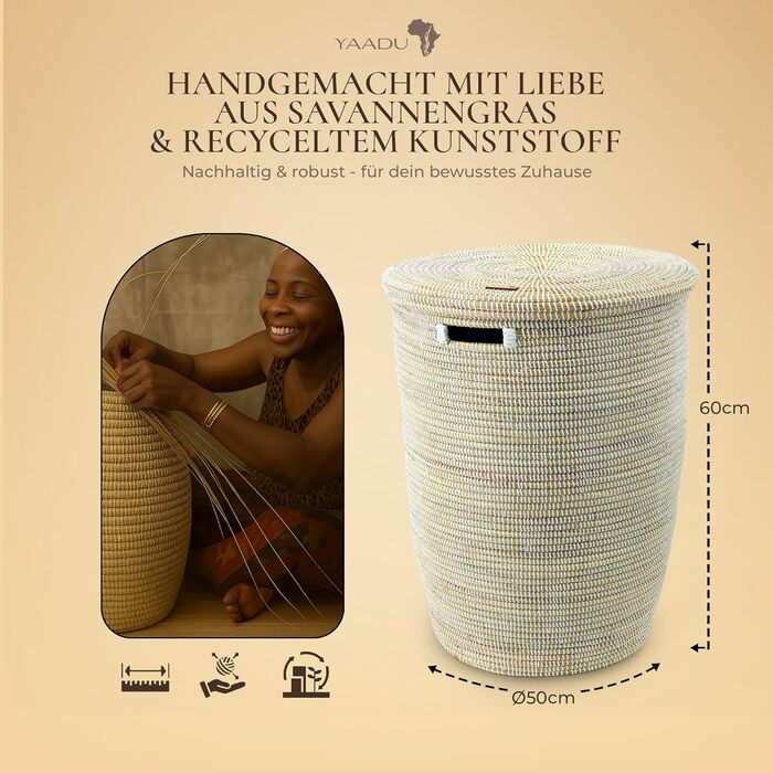 Кошик для білизни з кришкою 80л, плетені, бохо стиль, з ручками, білий, модель Mazama