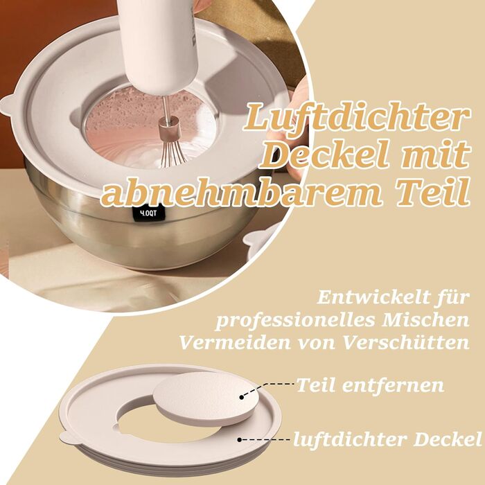 Набір мисок для змішування 6 шт. з нержавіючої сталі, миски для салатів з герметичним кришкою та силіконовим дном, 3 насадки-тертки, набір мисок для випічки/подачі, 6.6 л/3.8 л/2.4 л/1.9 л/1.4 л/0.6 л - Хакі