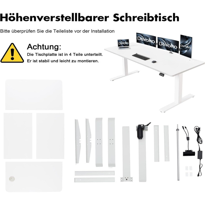 Електричний стіл Devoko з регулюванням висоти, стійкий, з пам'яттю, ергономічний, для стояння та сидіння (білий), 180 x 80 см