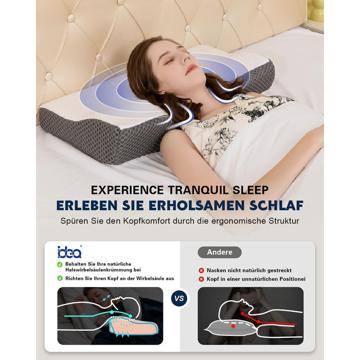 Ортопедична подушка для шиї IDEA з Memory Foam - для сну на боці, спині та животі, проти болю в шиї, 62x34.5x12/8 см