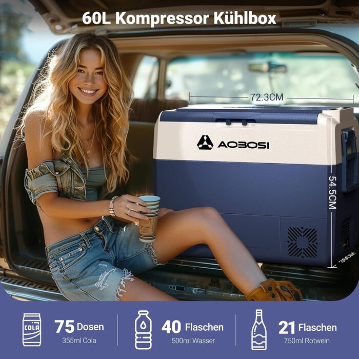 AAOBOSI Холодильник автомобільний 60 л з Wi-Fi керуванням, 12/24 В та 100-240 В, електричний, -20°C до 20°C для авто, вантажівки, човна, кемпера, з двома зонами та двома температурами