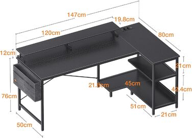 Подібний стіл ODK з USB, розеткою, полицею та підставкою для монітора, 147x80 см, чорний