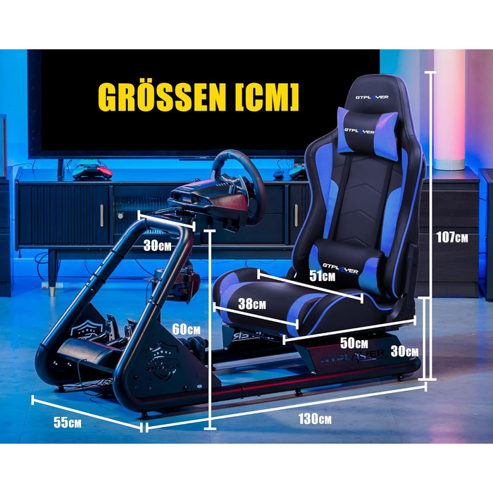 GTPLAYER Симулятор кокпіт для автосимуляторів, стійка для керма та педалей з динаміками (Синій)