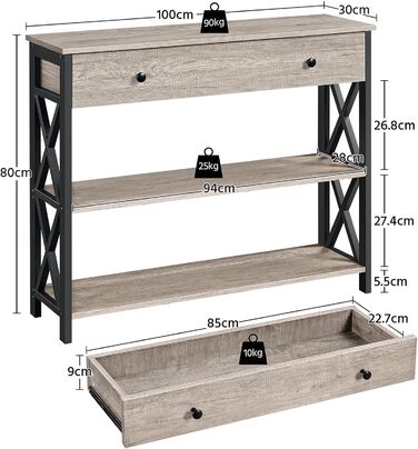 Консольний стіл Yaheetech з ящиком і 2 полицями, X-Frame, 100x30x80 см, сірий